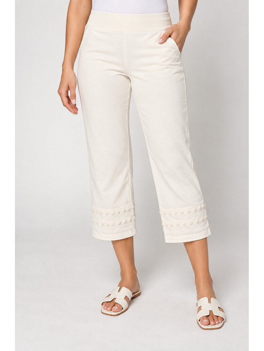 Denim & Co. Active French Terry Crop Pants with Embroidery Natural, Petite Small